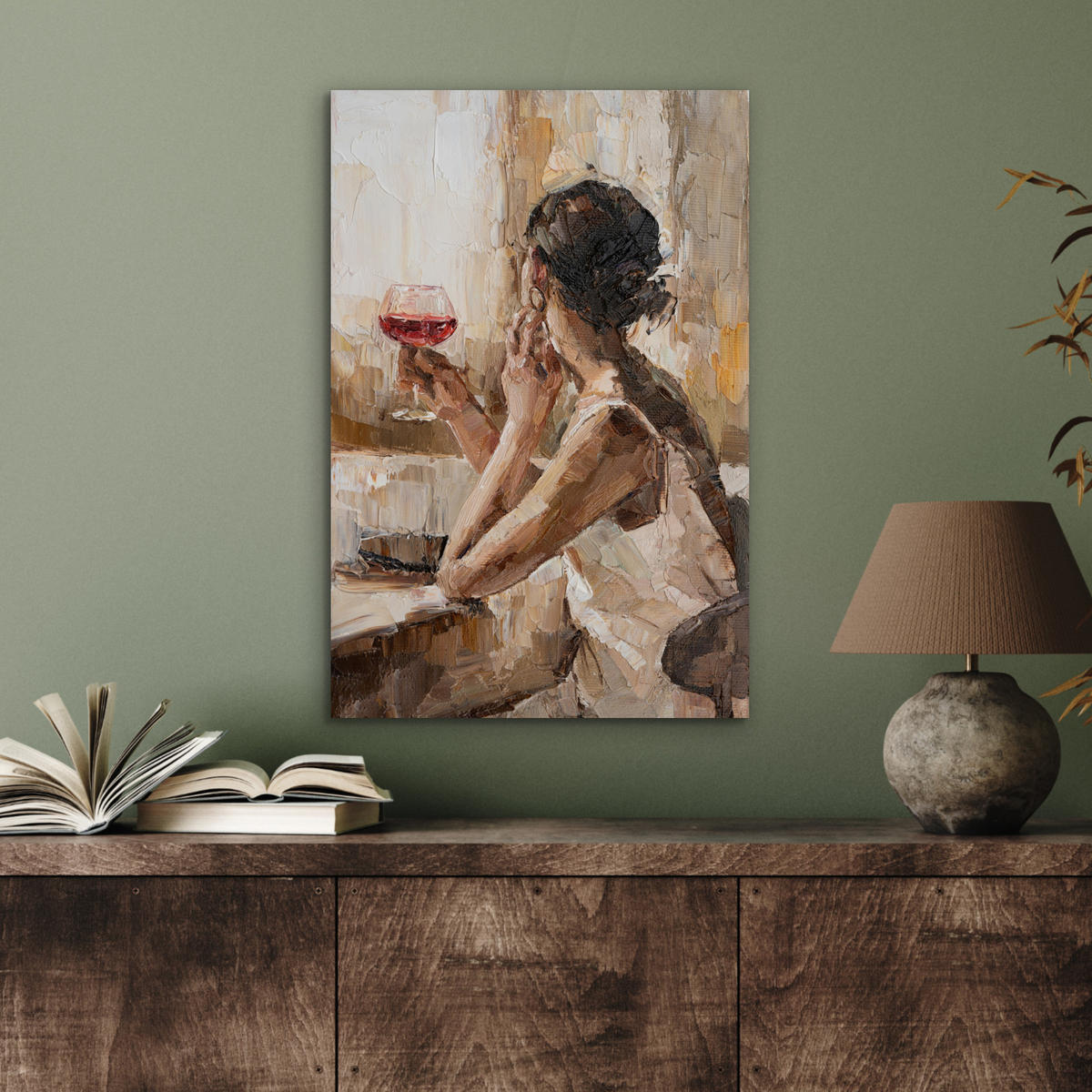 METALLBILD Ölgemälde - Frau - Wein 40x60 cm - Hellbraun, Metall (40/60cm) - MuchoWow