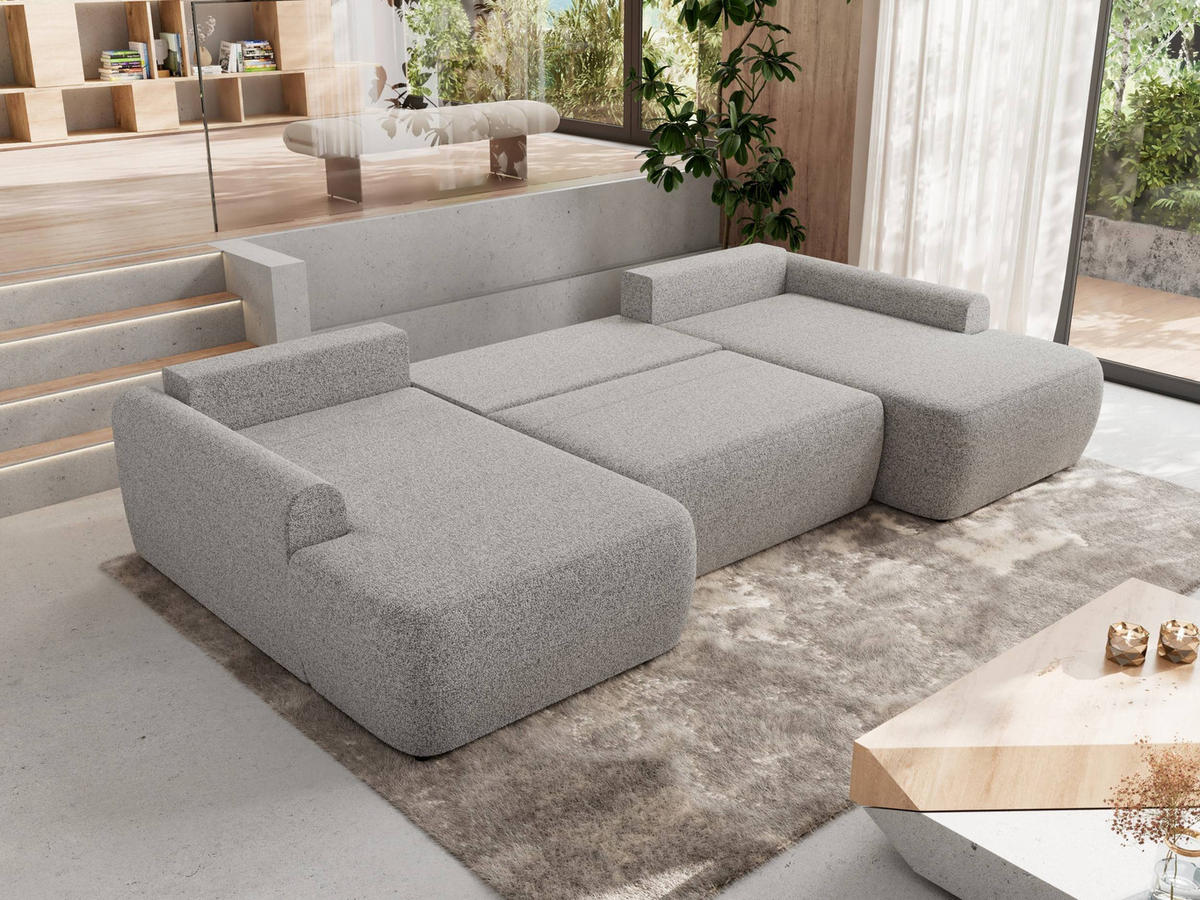 WOHNLANDSCHAFT CUBO U Hellgrau Struktur - Hellgrau/Schwarz, Kunststoff/Textil (370/100/187cm) - MKS