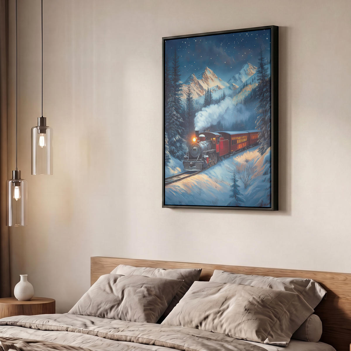 LEINWAND Bilder mit Rahmen - Zug - Weihnachten - Schnee - Weihnachtszug - 50x70 - Anthrazit, Textil (50/70cm) - MuchoWow