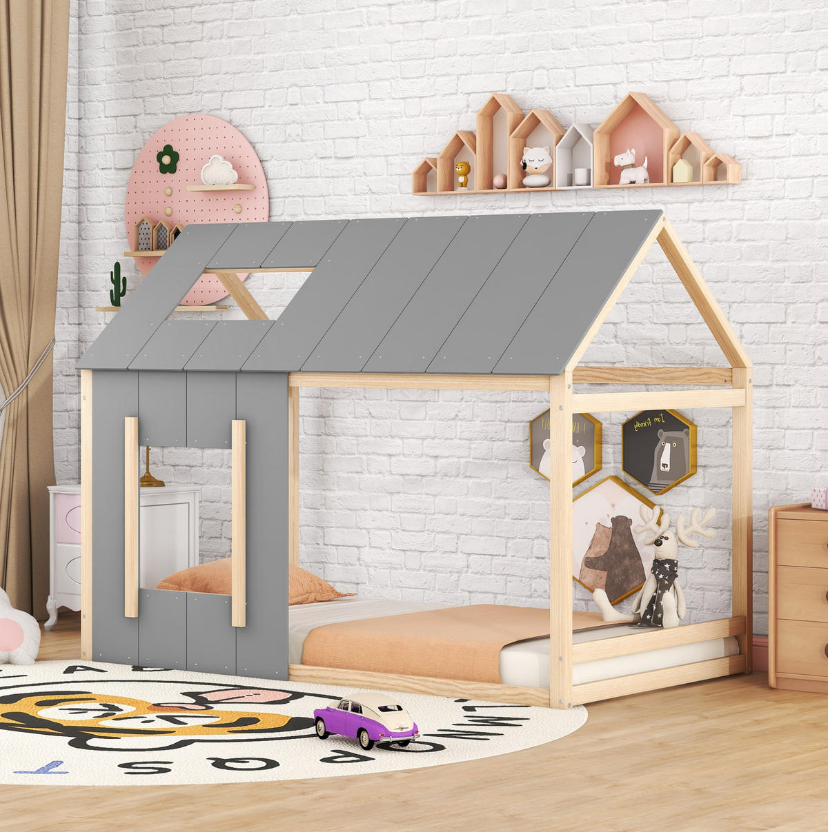 HAUSBETT 90/200 cm Hausform in Natur + Grau - Grau, Holz (90/200cm) - OKWISH