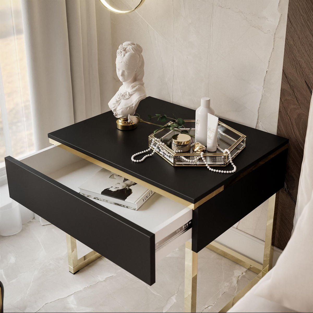 NACHTTISCH AURORA auf goldenem Gestell Schwarz Matt - Goldfarben/Schwarz, Holzwerkstoff/Metall (48/45/38cm) - Lookway