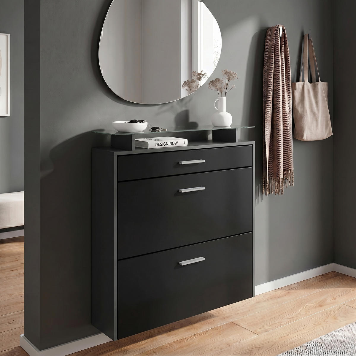 SCHUHSCHRANK Malea Fronten in Schwarz matt - Schwarz, Holzwerkstoff (89/96/23cm) - Vladon