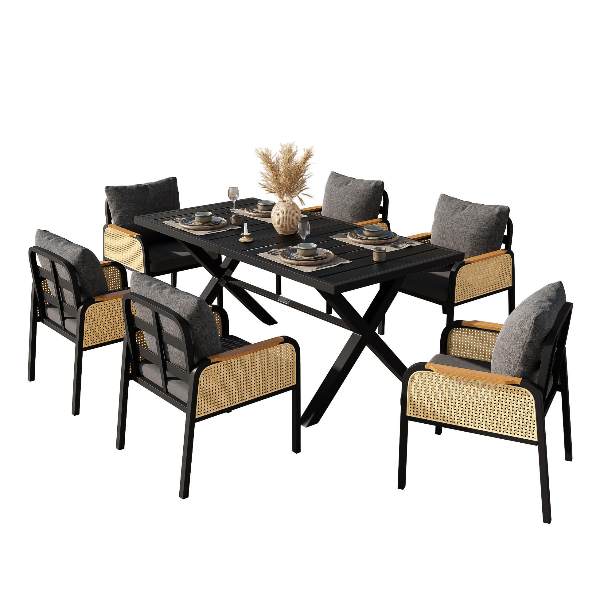 OKWISH ZAHRADNÍ jídelní set 148/80/75 cm černá/přírodní z kovu a polyesteru pro 6 osob s polstry