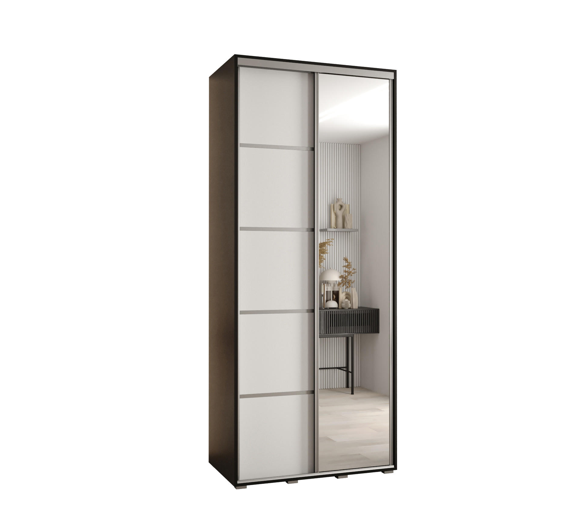 Abiks Möbel Schwebetürenschrank Schwarz, Weiß, Silber 100x235x45 cm