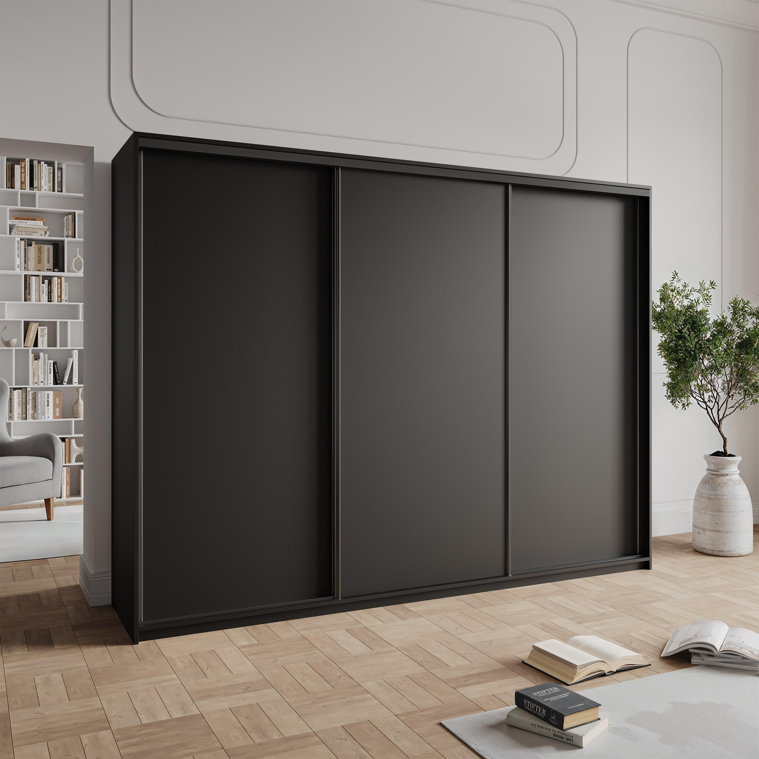 SCHWEBETÜRENSCHRANK NISSE 250/205/60 cm 3-türig mit Schubladen Schwarz - Schwarz, Holzwerkstoff (250/205/60cm) - MASSENO