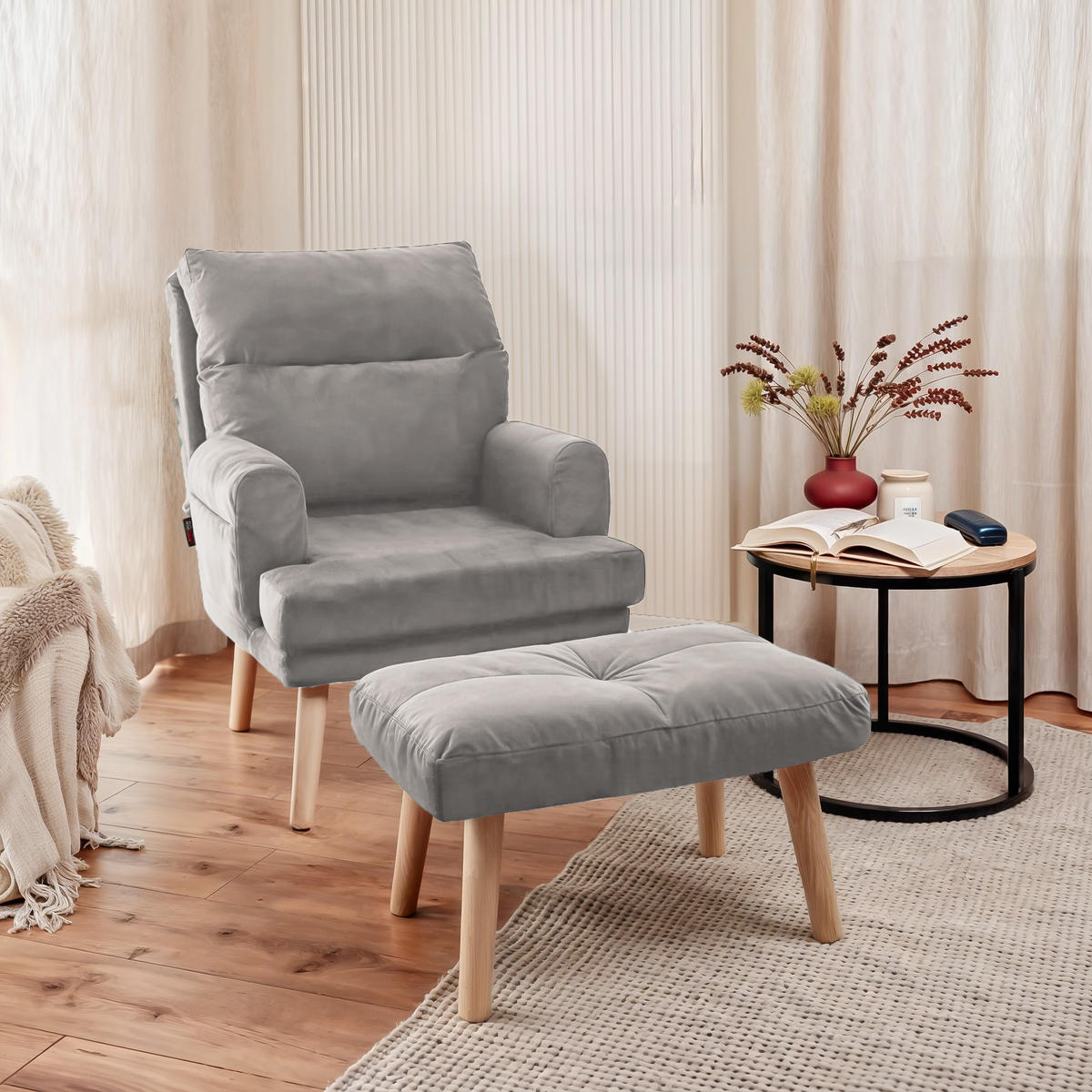 RELAXSESSEL NEMO mit Hocker und Holzfüßen - Grau, Holz (65/95/65cm) - Idohome