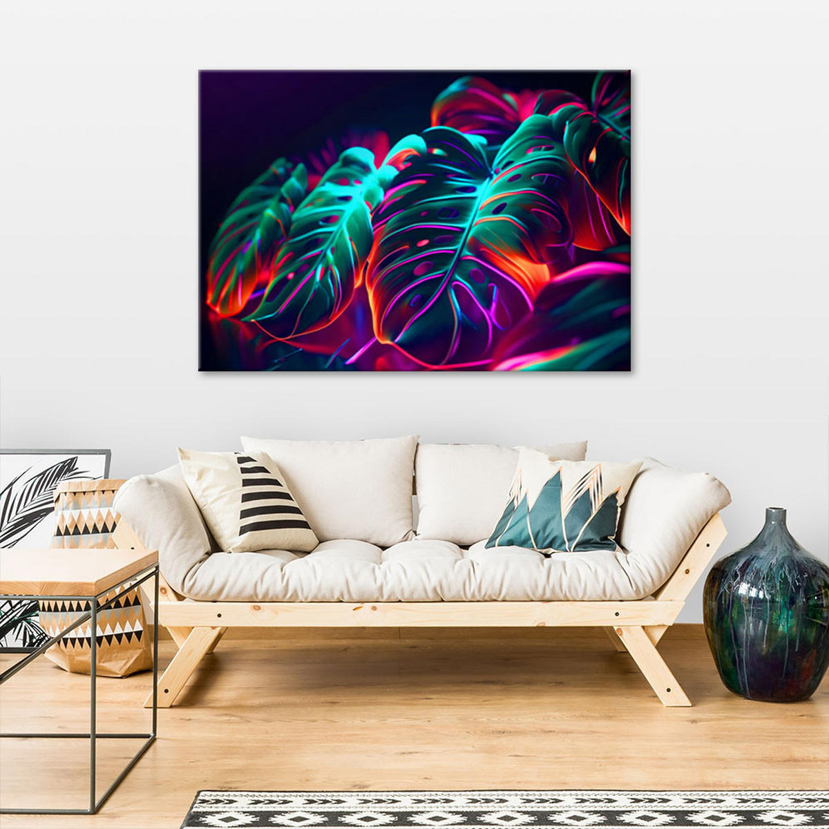 WANDBILD monstera blätter im futuristischen stil - Multicolor, Textil (60/40cm) - Feeby