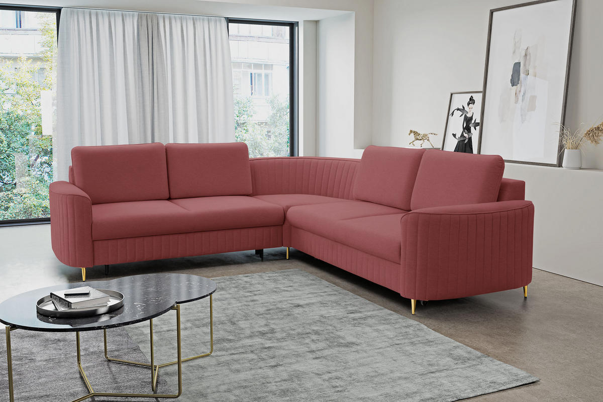 ECKSOFA LAREN, modernes Schlafsofa mit Stauraum, Plastikfüße, L-förmig, lose Rückenkissen freistehend, LINKS 251x252x85 cm Bordeaux - Bordeaux, Holz/Textil (251/252cm) - DomoHome
