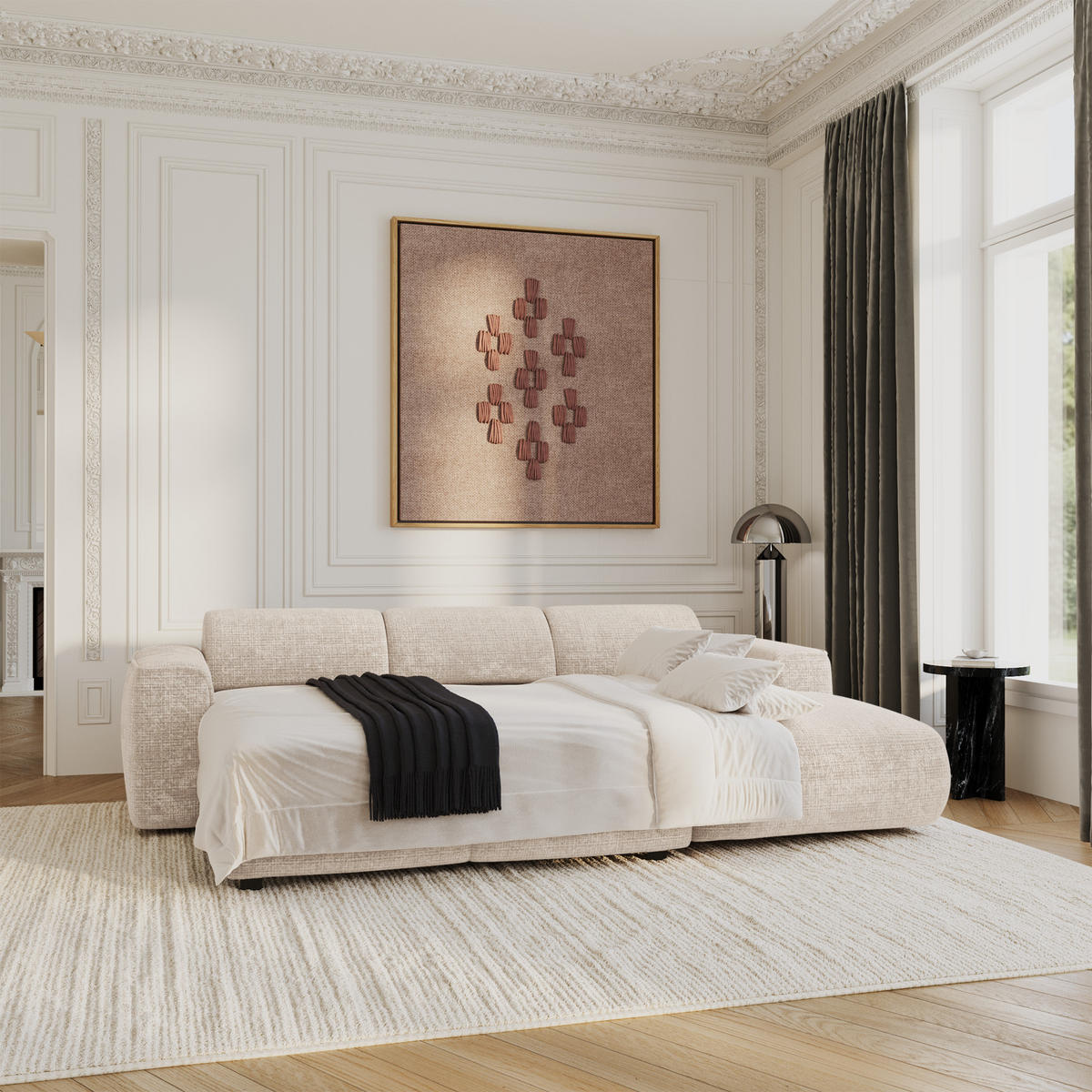 ECKSCHLAFSOFA Geprägter Samt Creme 283cm - Creme, Textil (283/180cm) - Sia Home