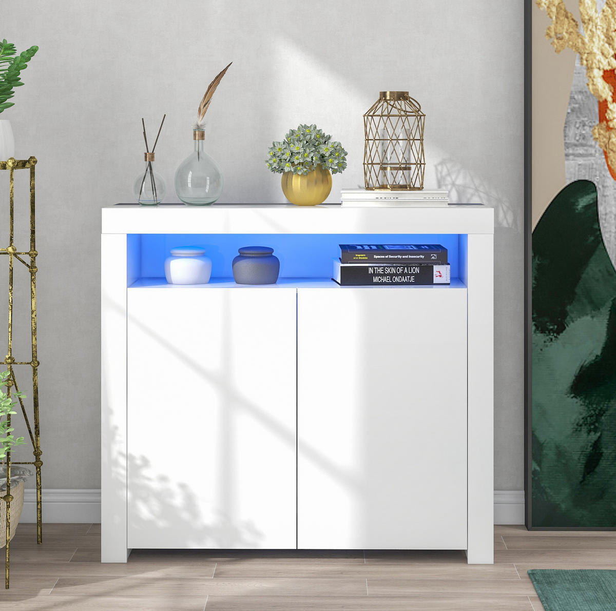 SIDEBOARD 108/40/92 cm in Weiß Hochglanz mit LED-Beleuchtung & 2 Türen - Weiß, Holzwerkstoff (108/92/40cm) - BEAOK