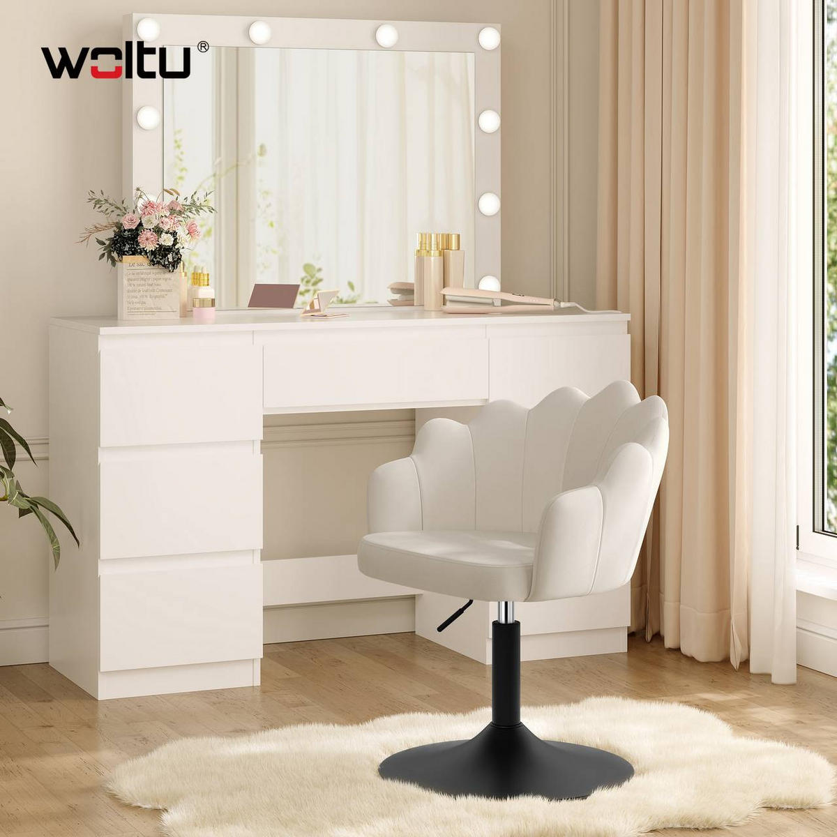 DREHSTUHL, Blumenform, Smt, Schminkstuhl, Creme - Creme/Schwarz, Textil/Metall (55/67/50cm) - Woltu