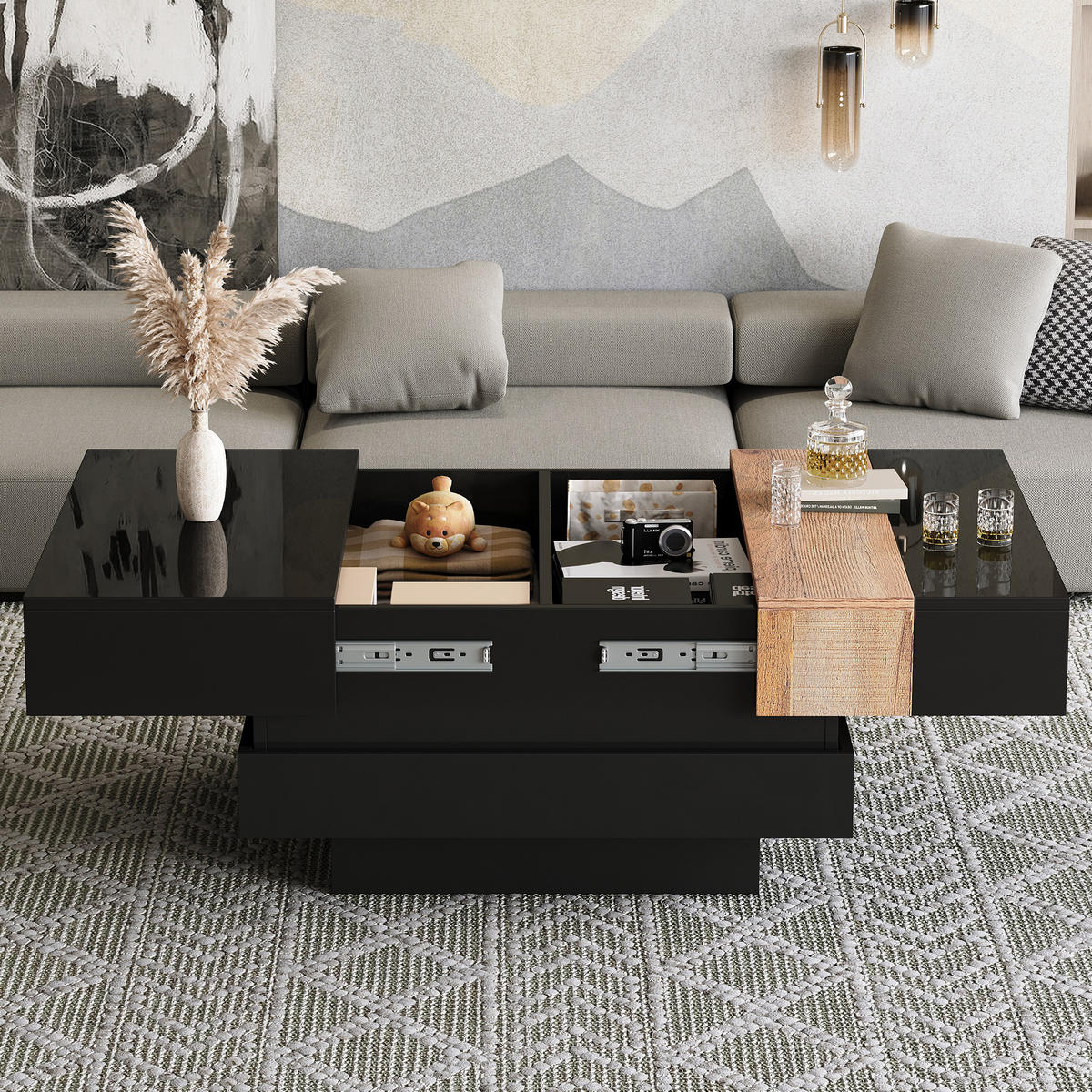 COUCHTISCH DE-182 Ausziehbar Schwarz - Schwarz, Holzwerkstoff (70/70/39cm) - ComfortXL