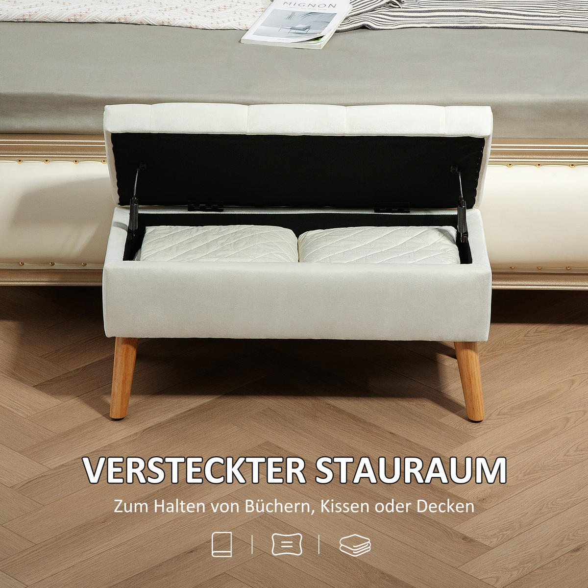 SITZBANK mit Stauraum, Polsterbank mit Deckel, Bettbank mit Samtoptik Weiß - Weiß, Kunststoff (35/40/80cm) - HOMCOM