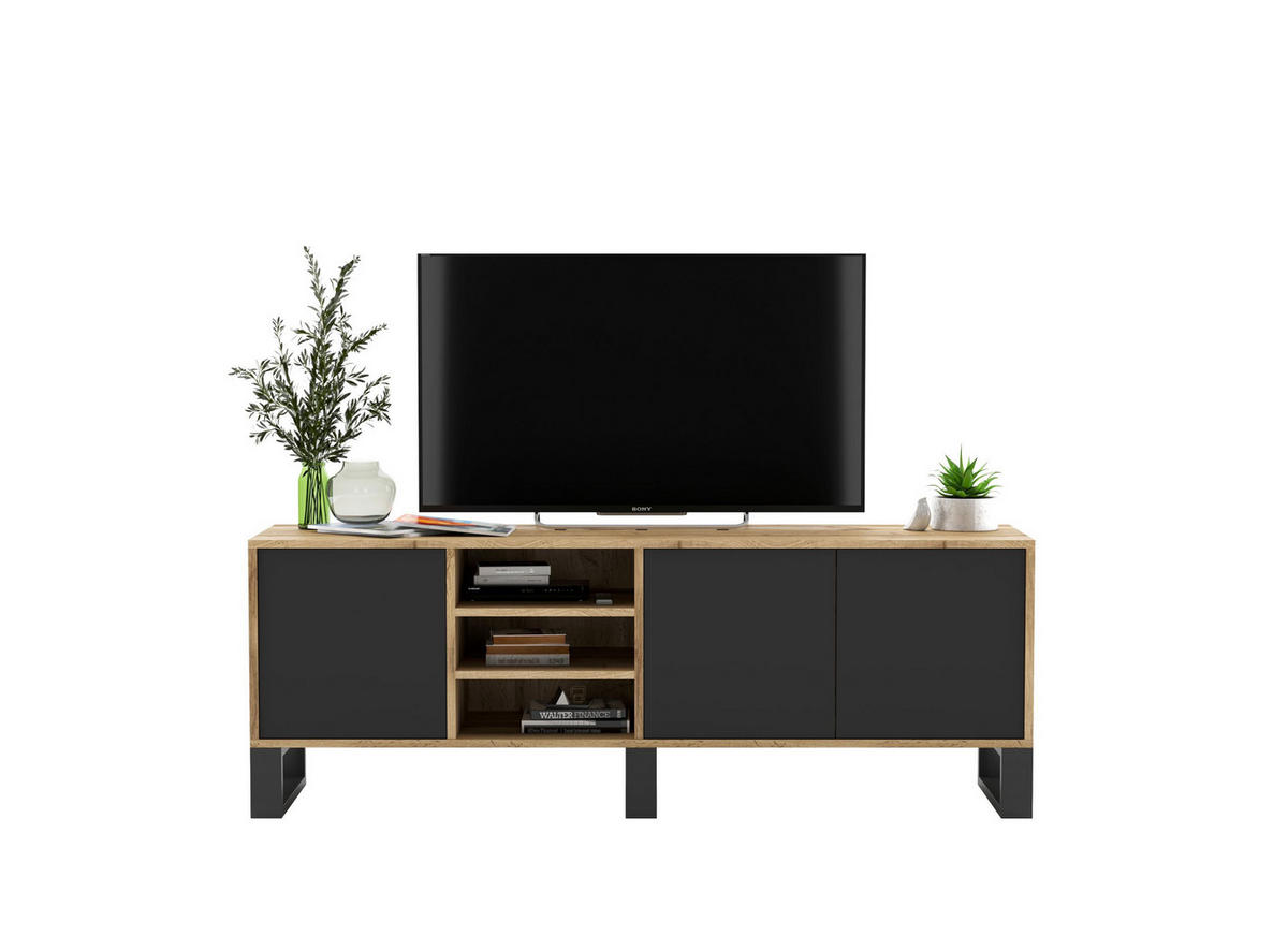 TV-LOWBOARD Apollo Eiche wotan Schwarz Matt mit Metallbeinen 150/53/35 cm - Schwarz, Holzwerkstoff/Metall (150/53/35cm) - Meble Lindner