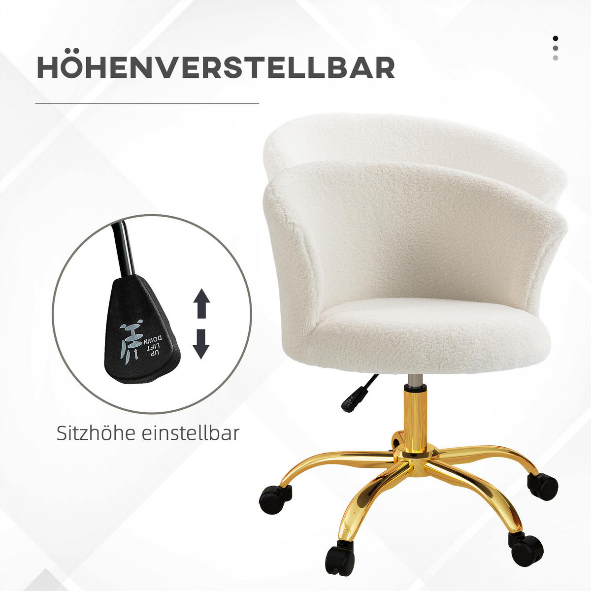SCHREIBTISCHSTUHL, höhenverstellbarer Bürostuhl mit Teddy-Fleece-Optik Weiß - Goldfarben/Weiß, Textil/Metall (56/76/58cm) - Vinsetto