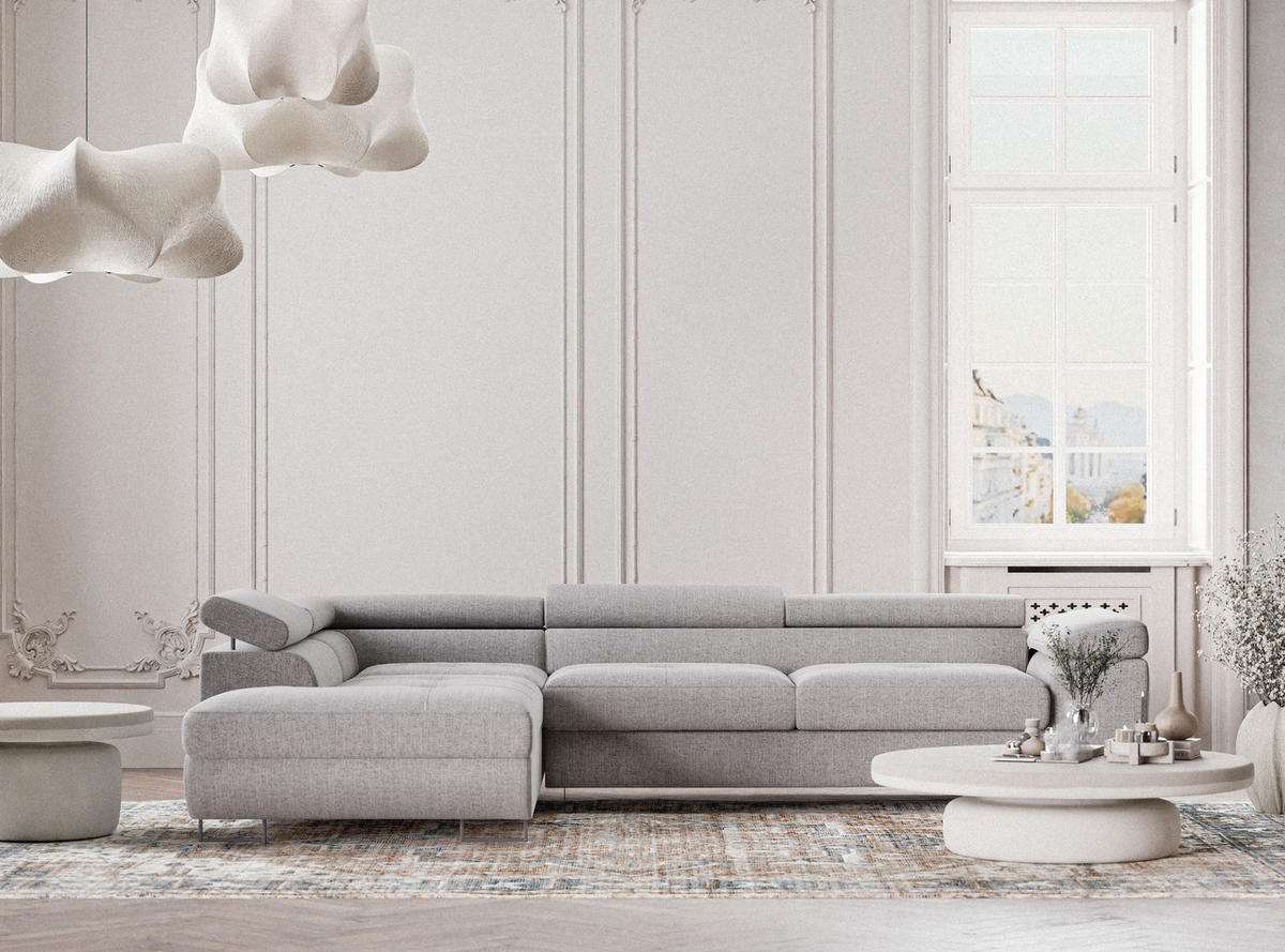 ECKSOFA Concord Beige grau Webstoff - Links Seite - Greige/Schwarz, Holz/Holzwerkstoff (203/277cm) - Maison de Reve