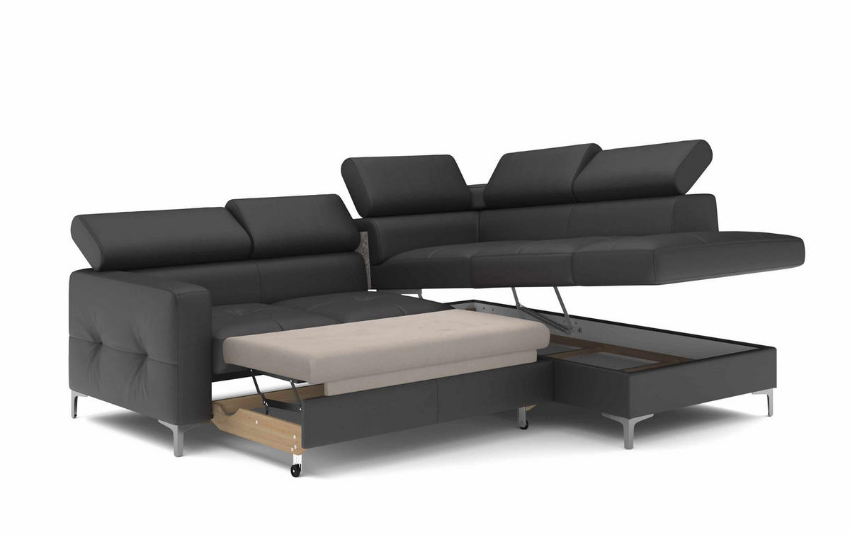 ECKSCHLAFSOFA aus Echtleder mit Schlaffunktion und Bettkasten - Chromfarben/Silberfarben, Leder/Holz (207/242cm) - Cotta