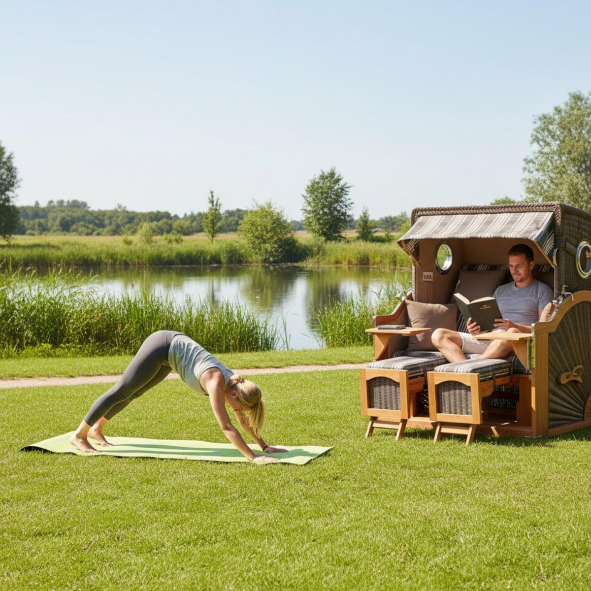 STRANDKORB Düne Grande Bullauge Teak PE Grey Dessin 522 - Braun/Grau, Metall (142/170/95cm) - Mr. Deko