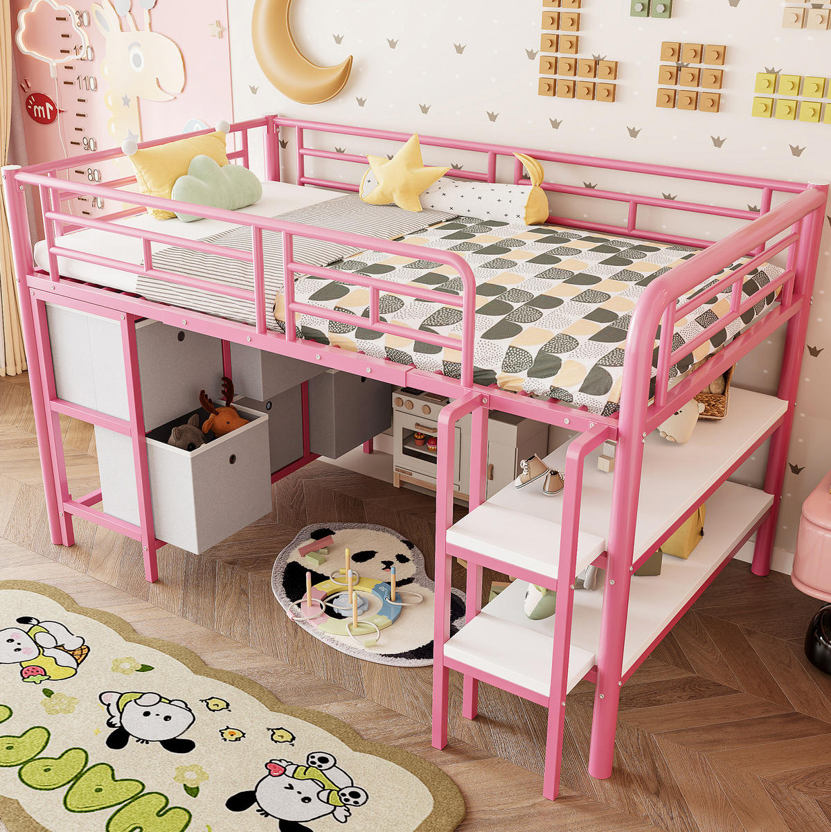 HOCHBETT 90/200 cm aus Metall mit breiter Treppe, Schubladen und Regalen, Rosa/Weiß - Rosa, Metall (90/200cm) - Redom
