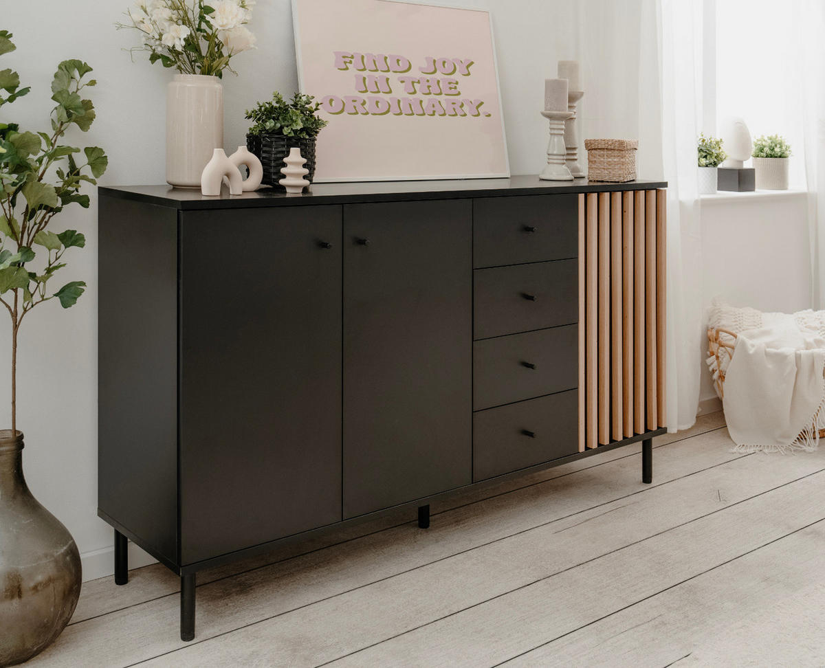SIDEBOARD schwarz, Eiche Artisan 160 cm, Kommode mit viel Stauraum - Schwarz/Eiche Artisan, Holzwerkstoff/Metall (160/90/40cm) - Furn.Design