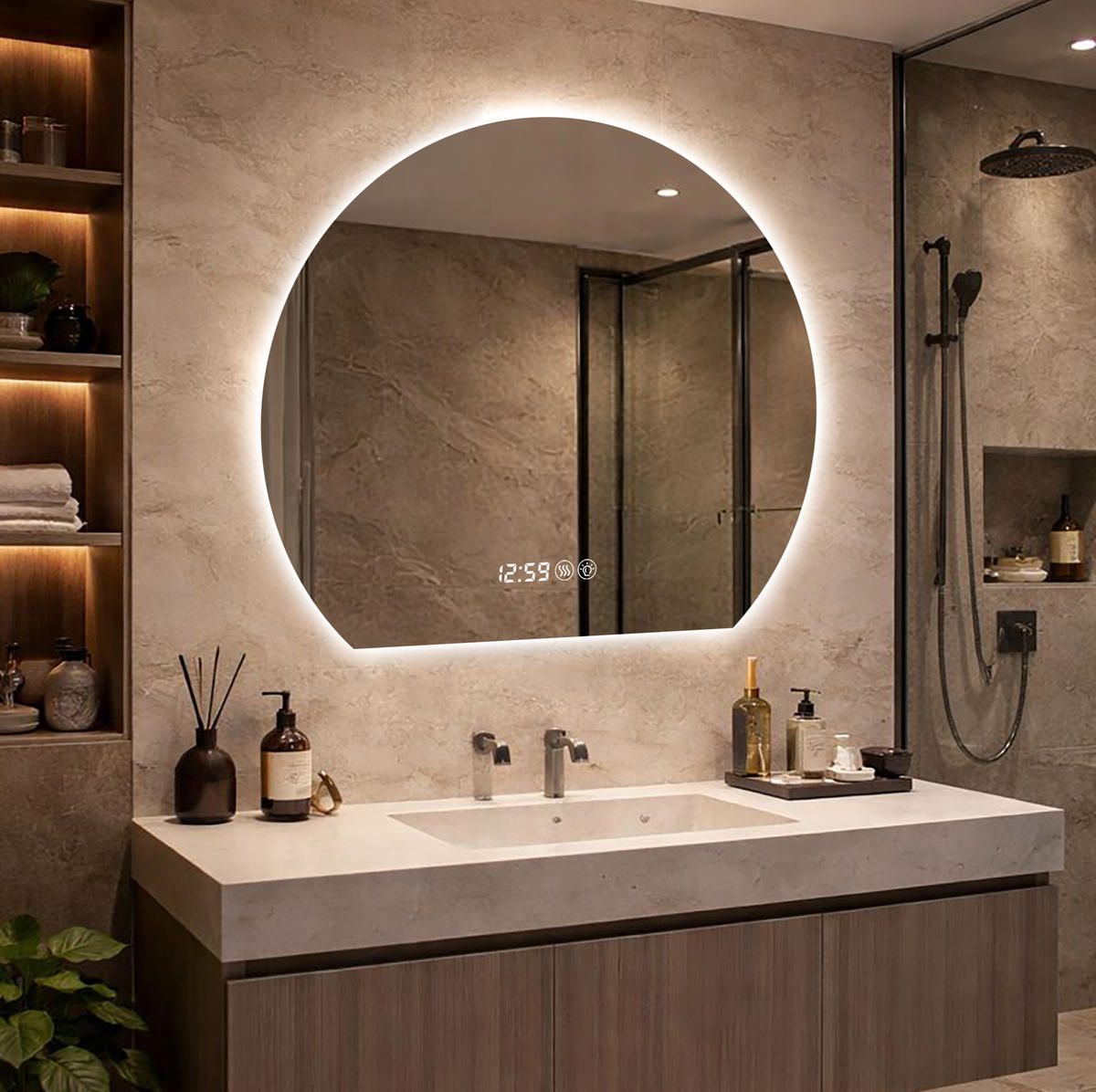 WANDSPIEGEL 72/3/80 cm silber aus Glas und Metall mit LED, Antibeschlag und Dimmfunktion - Silberfarben, Holzwerkstoff (2.5/80/72cm) - OKWISH