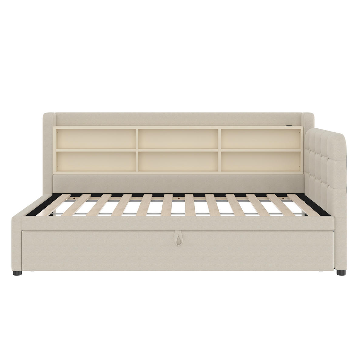 BETT 90/200 cm mit Ausziehbett, Kopfteil und USB/Typ-C – inkl. Lattenrost, Beige - Beige, Textil (90/200cm) - BEAOK