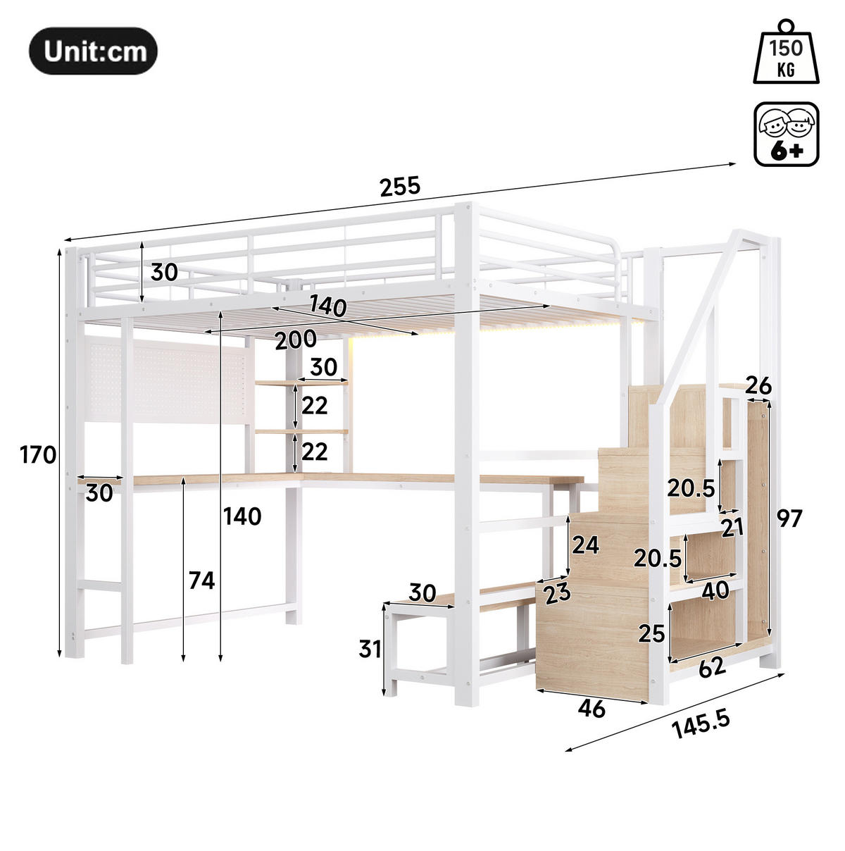 HOCHBETT MDF Metall 140x200 cm Weiß mit Schreibtisch, Stauraum, LED und USB/USB-C - Weiß, Holzwerkstoff (140/200cm) - Modfu