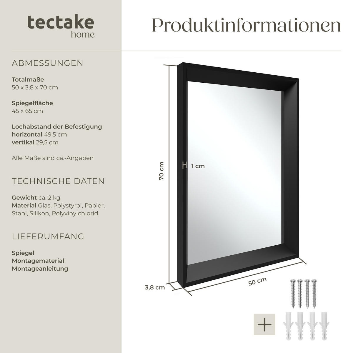 RECHTECKIGER WANDSPIEGEL Elina,integrierte Befestigungshaken,schwarz - Schwarz, Glas (50/70/3.8cm) - tectake