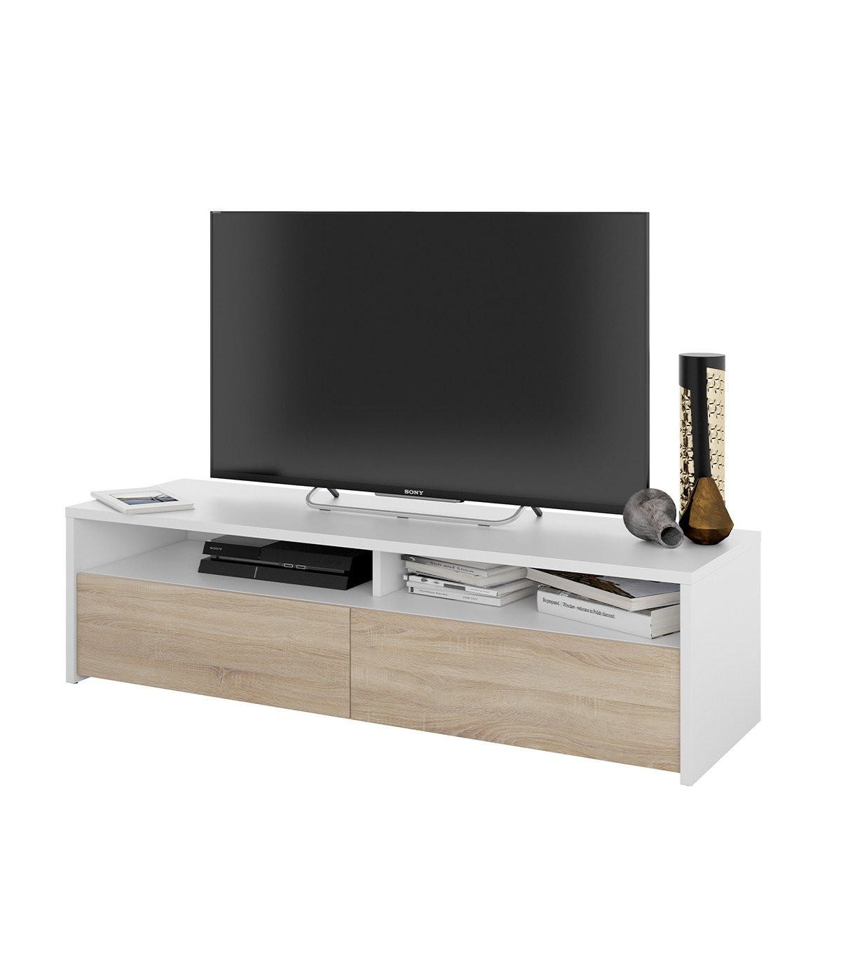 TV-MÖBEL mit 2 Flügeltüren und 2 Aufbewahrungsnischen Kioto - L130 cm - Weiß, Holzwerkstoff (42/36/130cm) - Calicosy