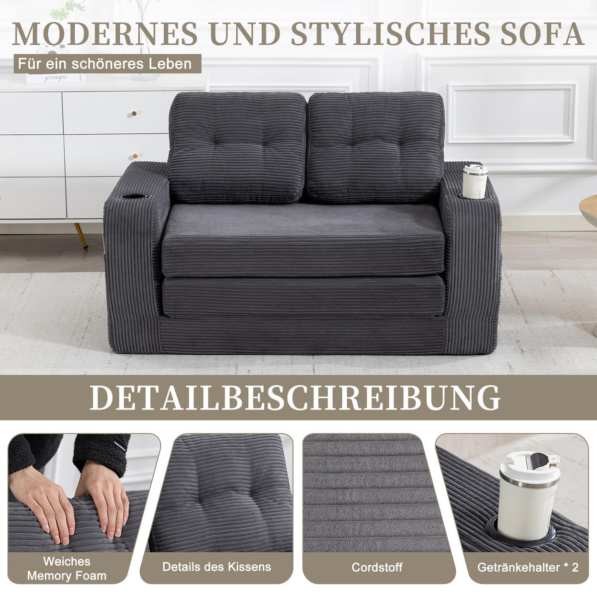 SCHLAFSOFA in Grau Cord mit Getränkehalter und Seitentaschen - Grau, Textil (136/82.5/80cm) - Oxeza