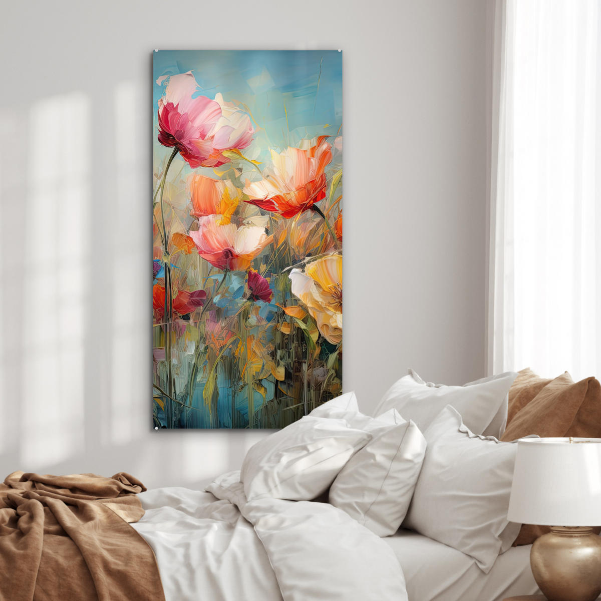 ACRYLGLASBILD Blumen - Aquarell - Kunst - Botanisch - Natur 60x120 cm - Orange, Glas (60/120cm) - MuchoWow