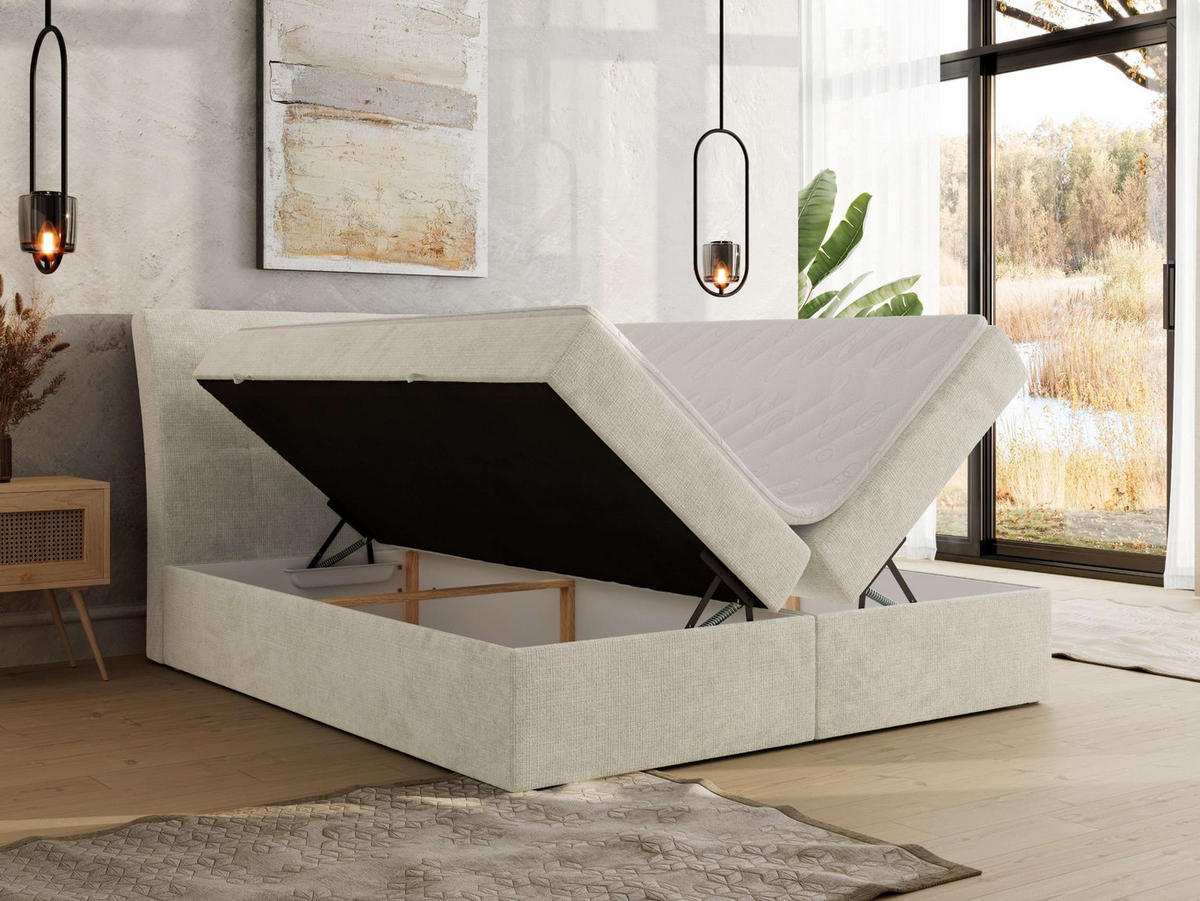 BOXBETT DAGOS 160/200 - Creme Schenille grob gewebt - H3 - Topper T25 - Creme, Textil (160/200cm) - MKS