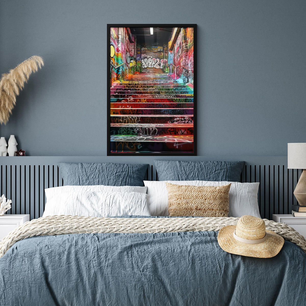 POSTER MIT RAHMEN Treppe - Graffiti - Farben - Kunst 60x90 cm - Multicolor, Papier (60/90cm) - MuchoWow