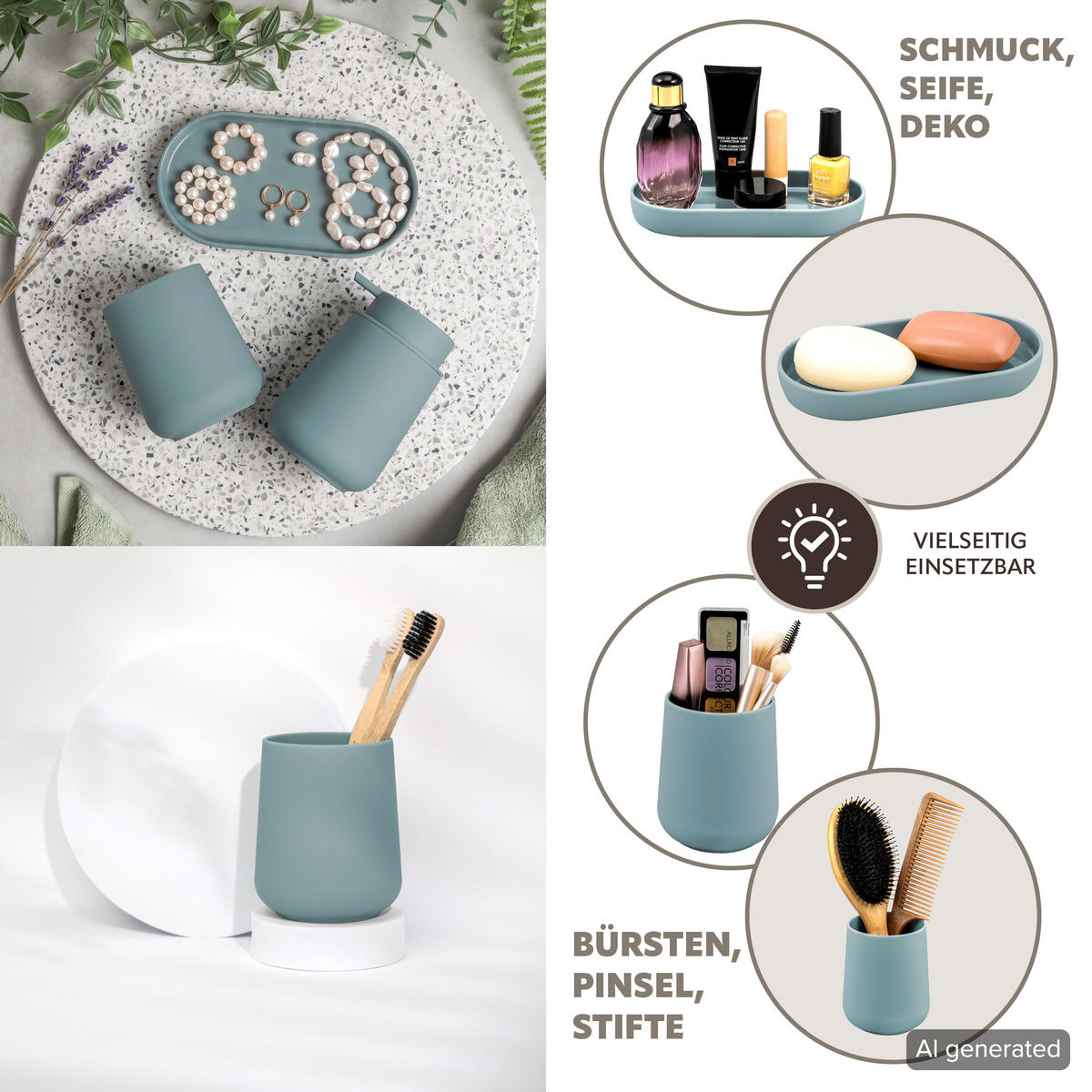 BAD-ACCESSOIRES-SET TESERO, Soft-Touch, hellblau - Hellblau, Kunststoff (8.5/12/9cm) - eluno