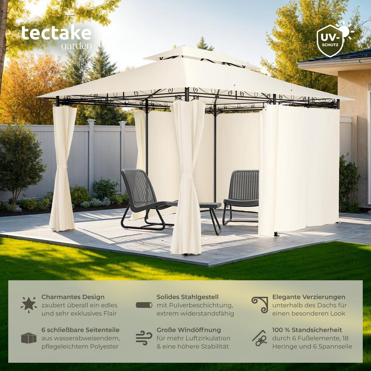 GARTENPAVILLON Emine,inklusive Spannseilen und Heringen,creme - Creme, Kunststoff (300/265/400cm) - tectake