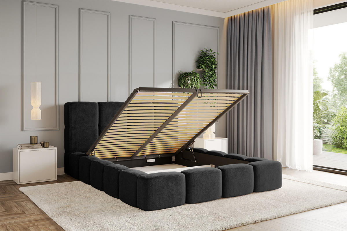POLSTERBETT mit Bettkasten und Lattenrost mit Kopfteil, Boxbett ohne Matratze, mit Stauraum - NATA 180x200 Schwarz - Schwarz, Holzwerkstoff/Textil (180/200cm) - ALTDECOR