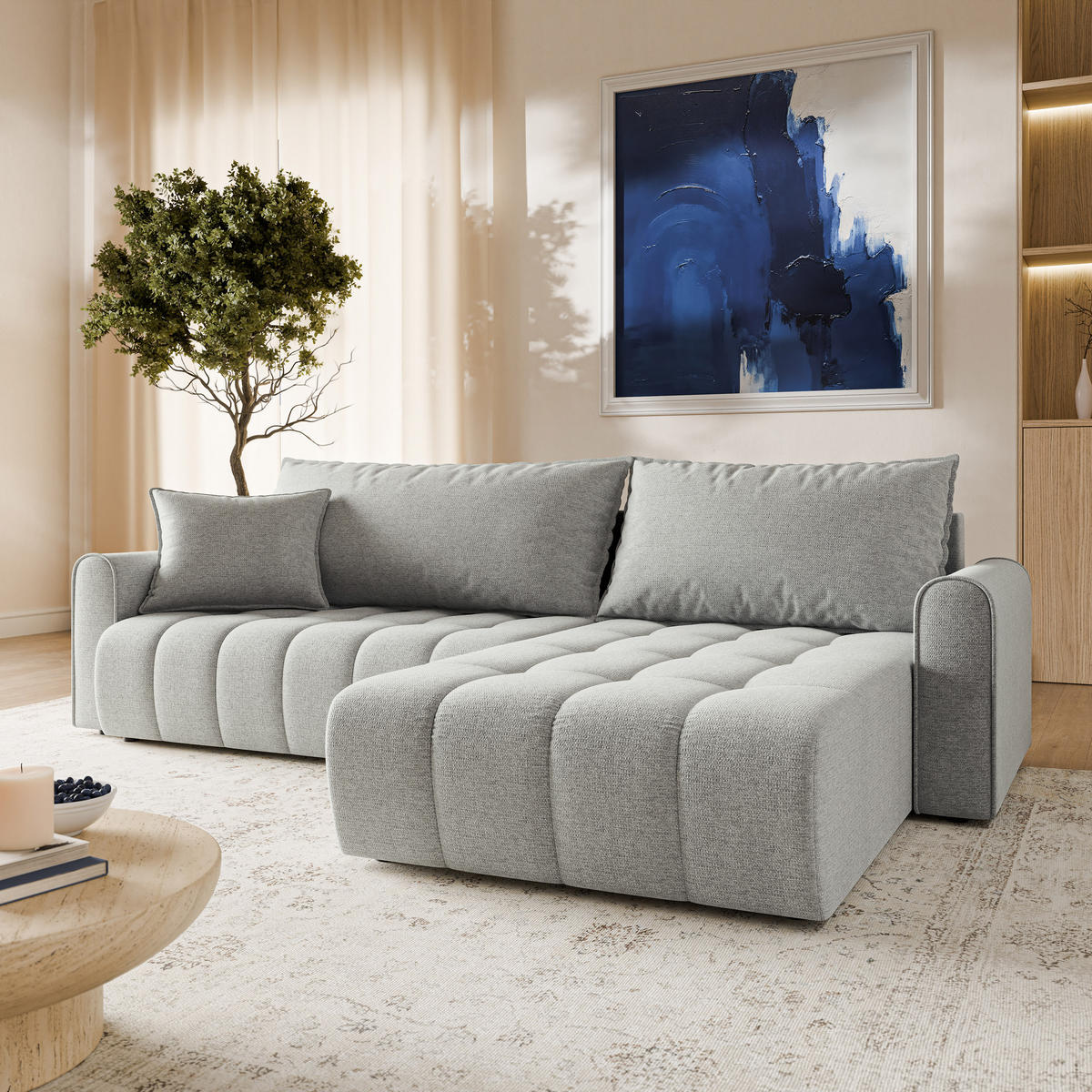 ECKSOFA FRIGA Hellgrau Strukturstoff mit Schlaffunktion - Hellgrau, Holz (283/185cm) - MASSENO