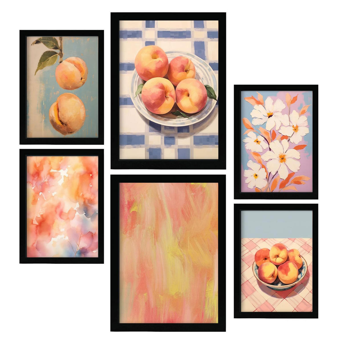 POSTER Set Mit 6 Orangefarbene Pfirsiche A3 & A4 Schwarzer Rahmen - Schwarz, Papier (29/3cm) - Nacnic