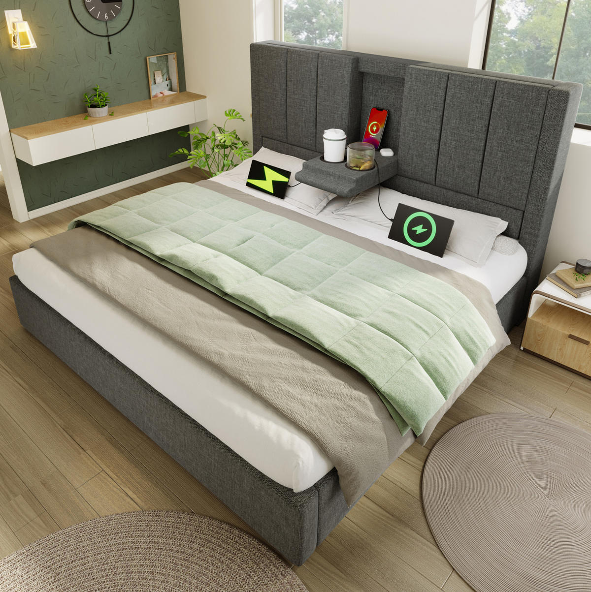 POLSTERBETT 140/200 cm Grau aus Leinen mit Stauraum und USB-Ladestation - Grau, Textil (140/200cm) - OKWISH