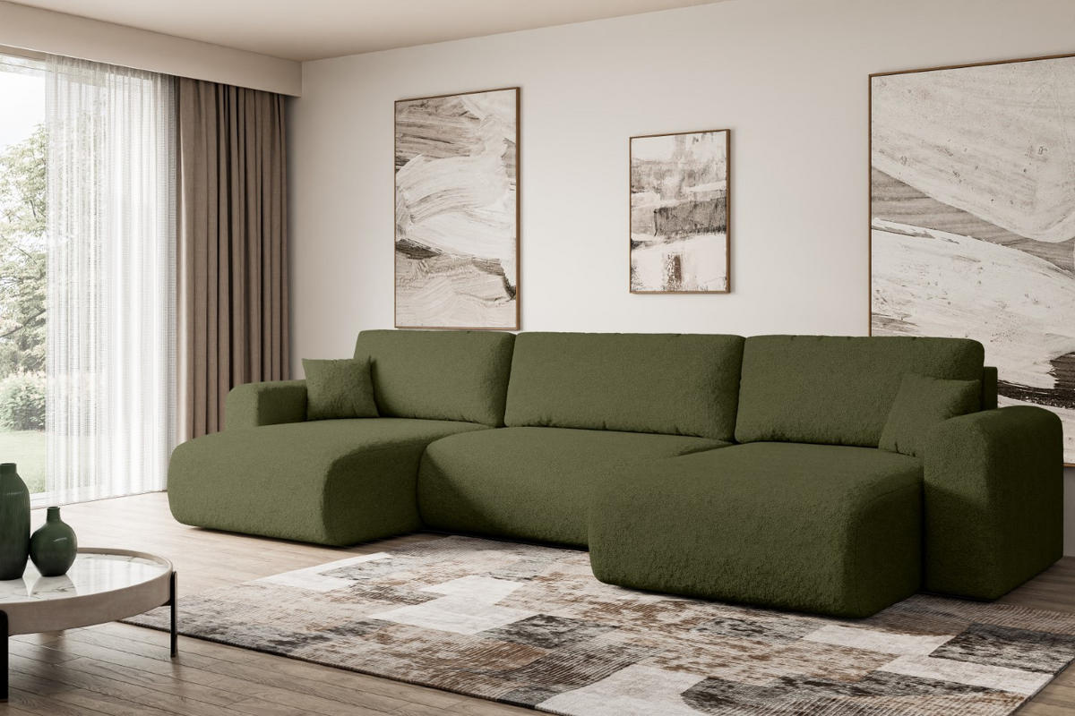 WOHNLANDSCHAFT mit Schlaffunktion und Bettkasten ORRO-U - 362x145x83 cm Grün Bouclé - Schwarz/Grün, Holzwerkstoff/Kunststoff (362/83/145cm) - ALTDECOR