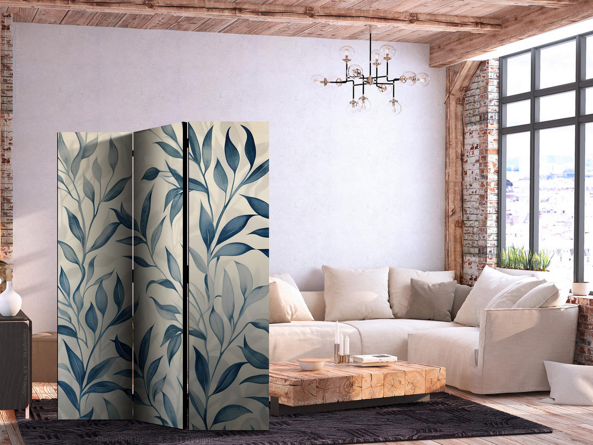 PARAVENT Akustik 3-tlg 135x172 cm Blaue Bl tter Boho - Blau, Holz/Textil (135/172/3cm) - Muralo