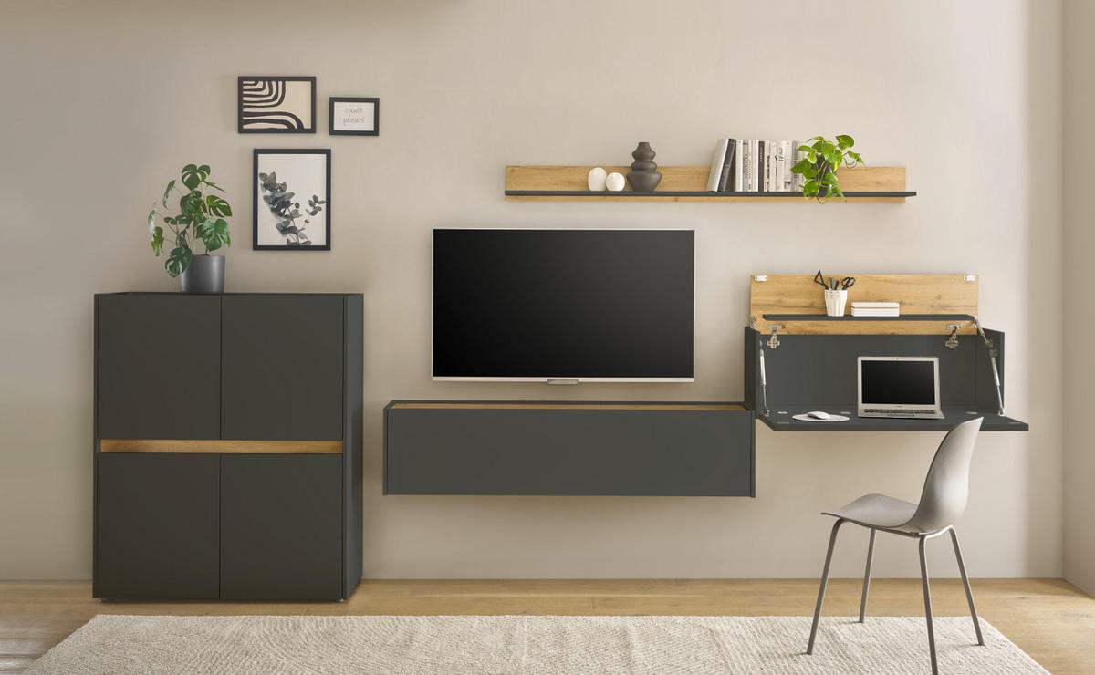 WOHNWAND mit Sekretär grau matt, Eiche Wotan 370 cm, Schrankwand 4-teilig - Eiche Wotan/Grau, Holzwerkstoff/Kunststoff (370/170/40cm) - Furn.Design