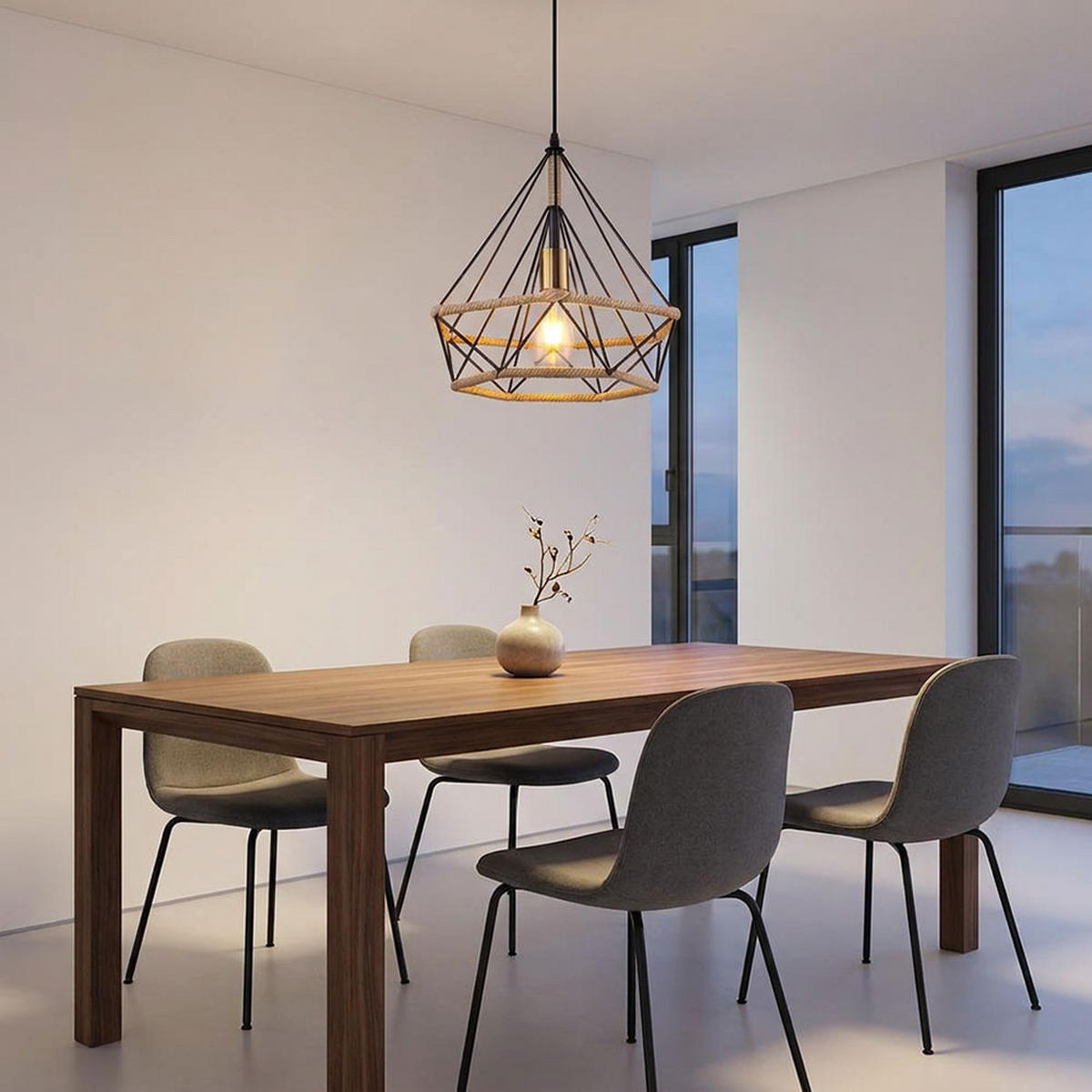 LED Hängeleuchte Hanfseil Braun - Schwarz, Metall (38/38/150cm) - Globo Lighting