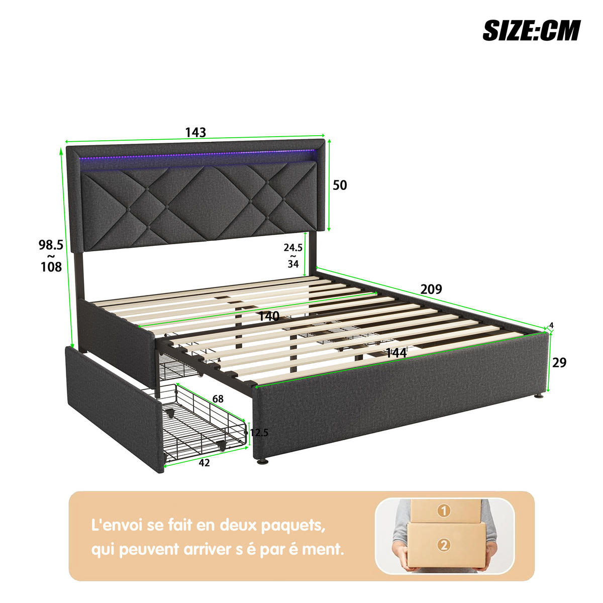 POLSTERBETT 140x200 cm, Grau, mit USB & Type-C, LED-Beleuchtung - Grau, Textil/Metall (140/200cm)