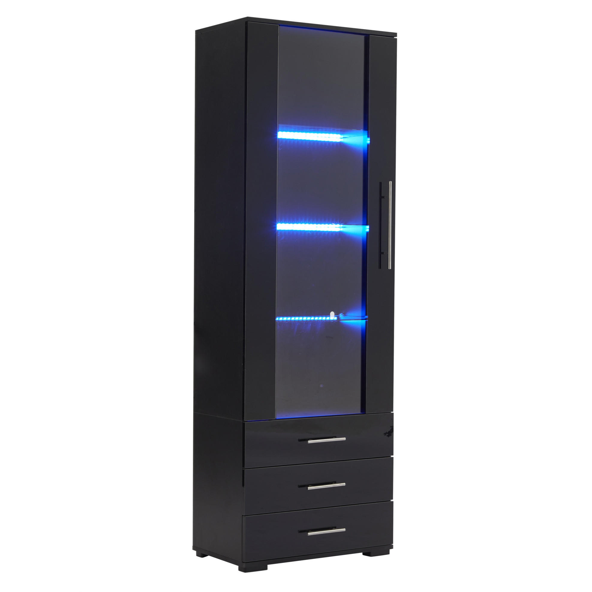VITRINE 60/35/180 cm in Schwarz mit LED-Beleuchtung und 3 Schubladen - Schwarz, Holzwerkstoff (60/180/35cm) - Flora Grace