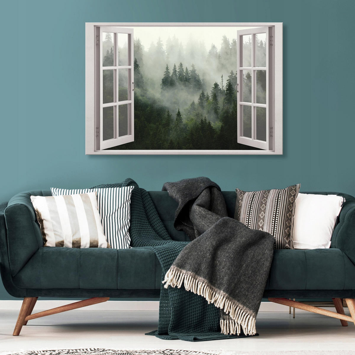 LEINWAND BILDER Fenster Wald Wohnzimmer 80x60 - Multicolor, Holzwerkstoff (80/60cm) - Wallarena