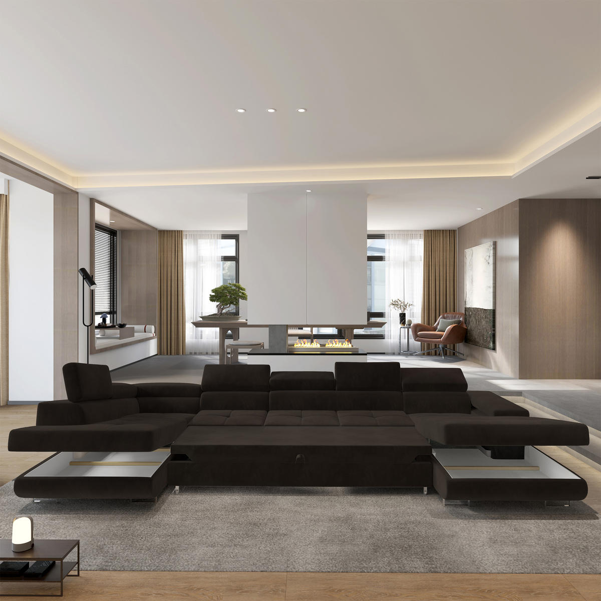 WOHNLANDSCHAFT TORIVA L-S Braun Velours-Stoff mit Schlaffunktion - Braun, Holz (418/90/202cm) - MASSENO