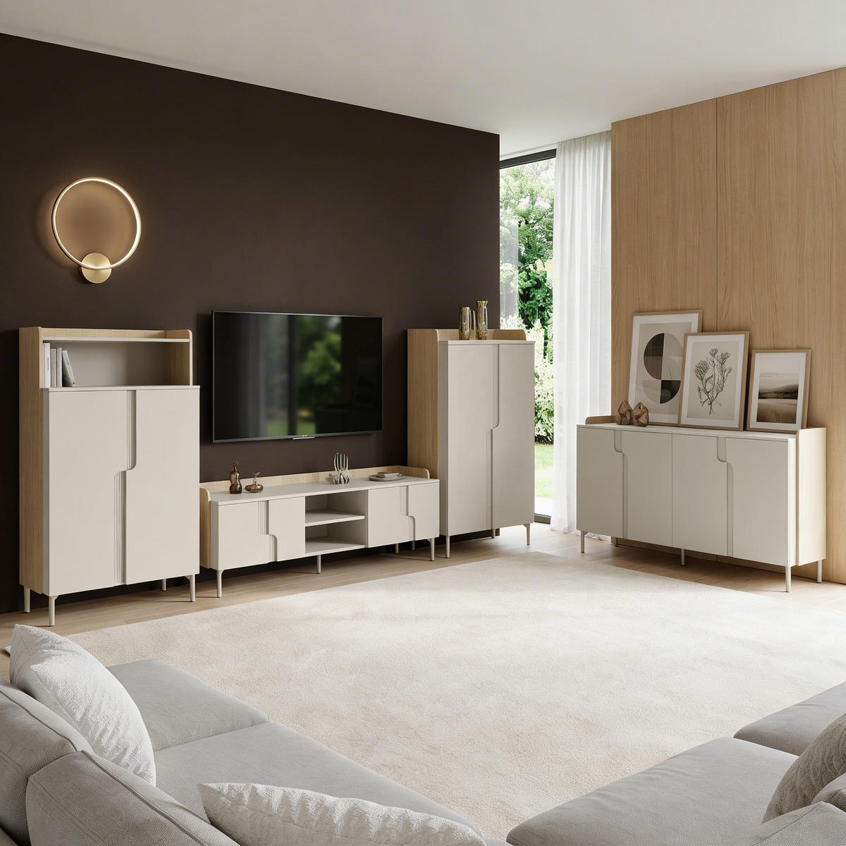 KOMMODE Positivo mit 4 Türen, 180 cm, Mavelie-Eiche + Macadamia - Eichefarben, Holzwerkstoff (183/110/42cm) - Beautysofa