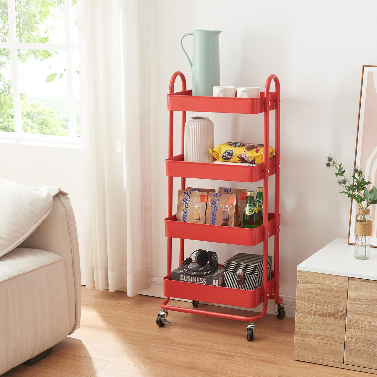 SERVIROVACÍ VOZÍK Pyhäntä - červená, kov (46/103.5/35cm) - [en.casa]