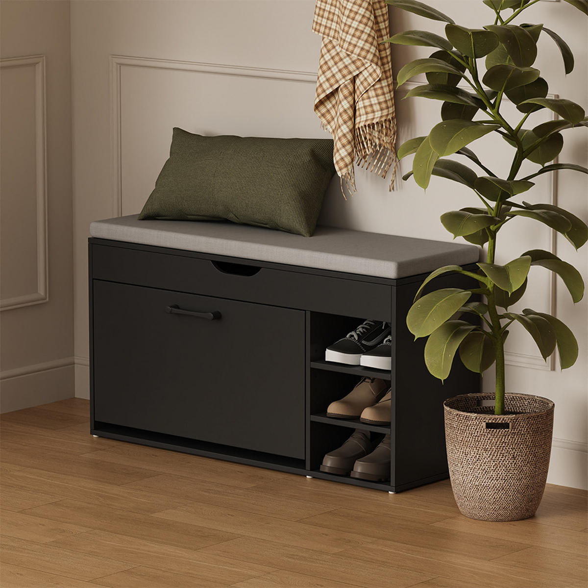 SCHUHBANK Solino Schwarz/Grau 90 x 50 cm mit Sitzfläche - Schwarz/Grau, Holzwerkstoff (90/50/30cm) - Vicco